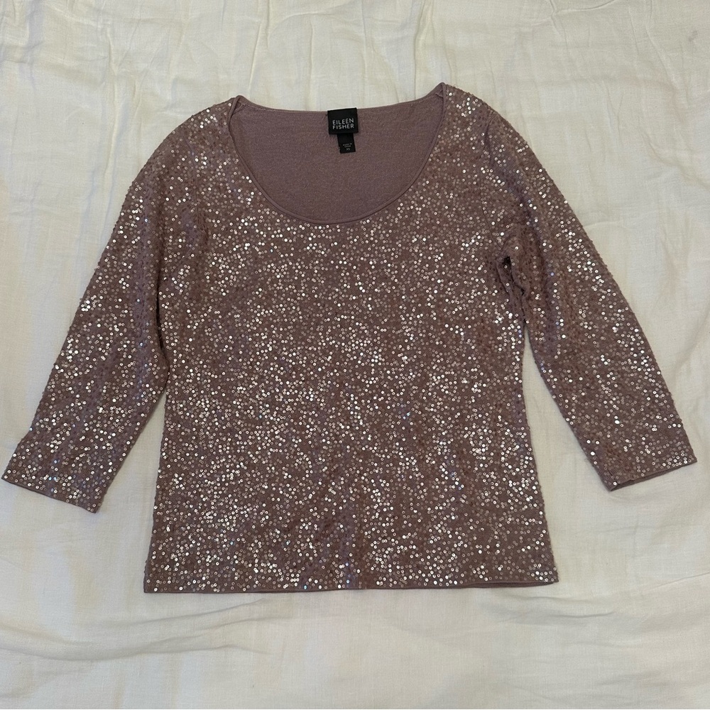 Eileen Fisher Brown Sequin 3/4 Sleeve Blouse